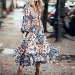 Bohemian Long Sleeve V-Neck Floral Ruffle Hemline Dress, 10